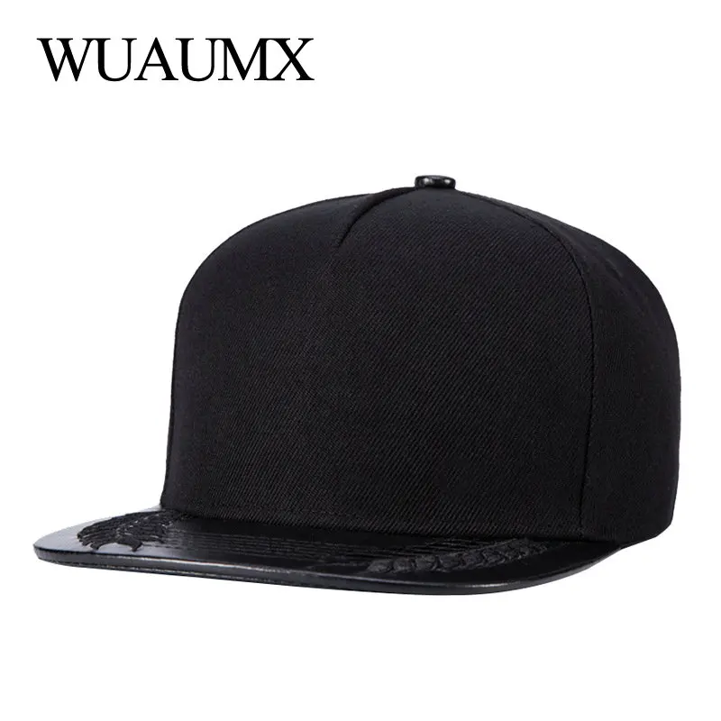 

Wuaumx Black Baseball Cap For Men Women's Flat-brimmed Hat Trucker Hats Visor Snapback Cap Leather Brim Patchwork Hip Hop Hats