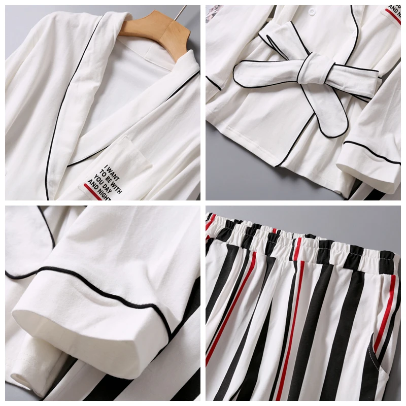 Женский пижамный комплект JULY'S SONG, из 2 предметов, полосатая Хлопковая пижама с V-образным вырезом и длинным рукавом, для весны и осени, домашн... от AliExpress RU&CIS NEW