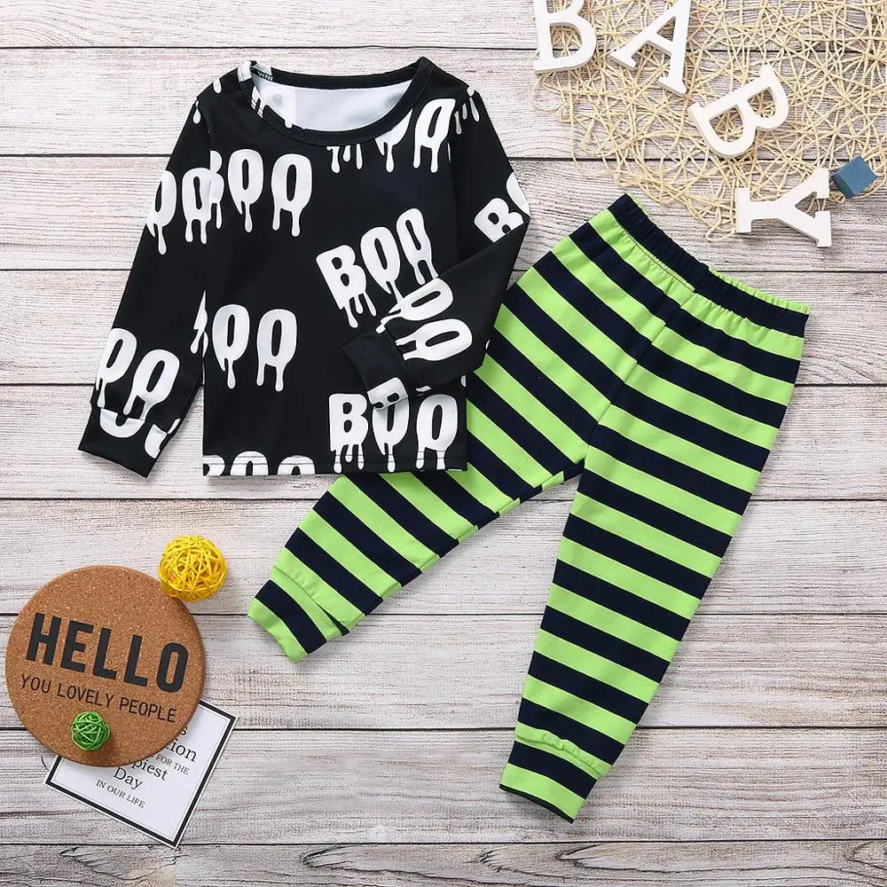 2019 Autumn Winter Fashion Toddler Baby Boy Girl Clothes Halloween Letter T-shirt Tops+Striped Pants Outfits |