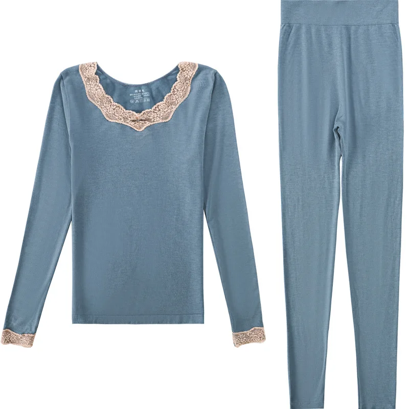 Qiu Dong Flocking Underwear, Female Constant Temperature Heating Wool V-neck Lace Long Johns Girl Suits Thermal Underwear Women