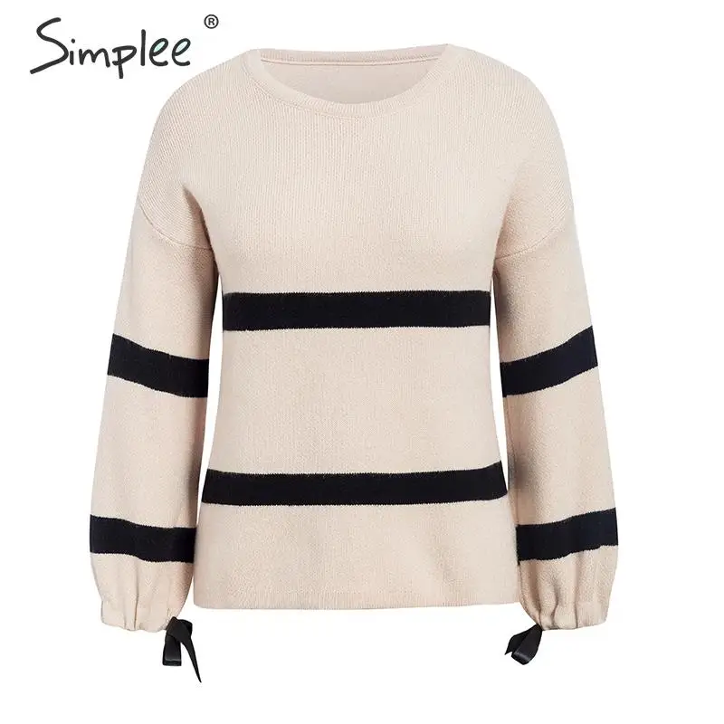 Simplee Leisure striped o-neck women pullover sweater Autumn winter bow tie sleeve female Long ladies jumper 2019 | Женская одежда