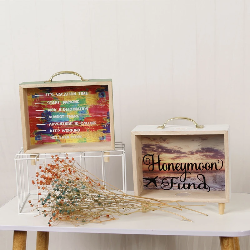

Wooden Crafts Piggy Bank Container Home Transparent Vintage Stand Letter Desktop Storage Money Box Home Decor Children Gift