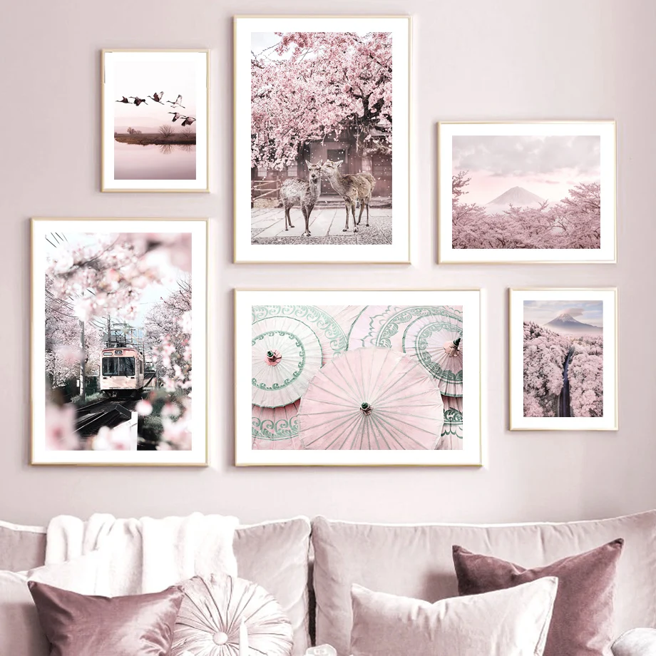

Pink Mount Fuji Cherry Flower Deer Calm Lake Bird Nordic Poster Wall Art Print Canvas Painting Decor Pictures For Living Room