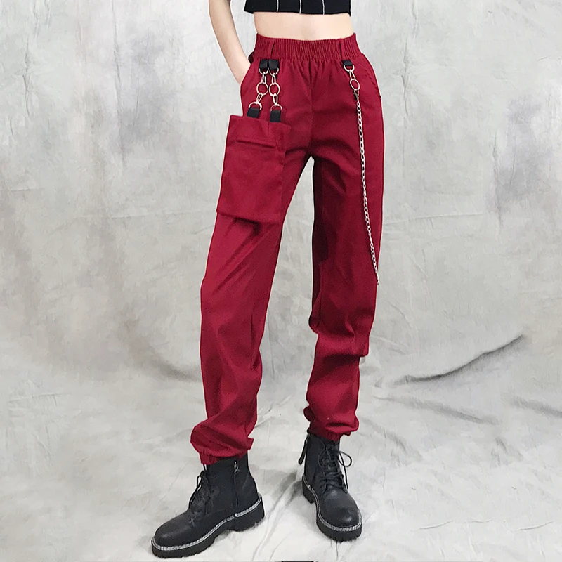 

Punk Style Pants Hip Hop Street Dance Clothing Adult Female Loose Straight Beam Feet Harem Overalls Wild Hiphop Red Pants 440