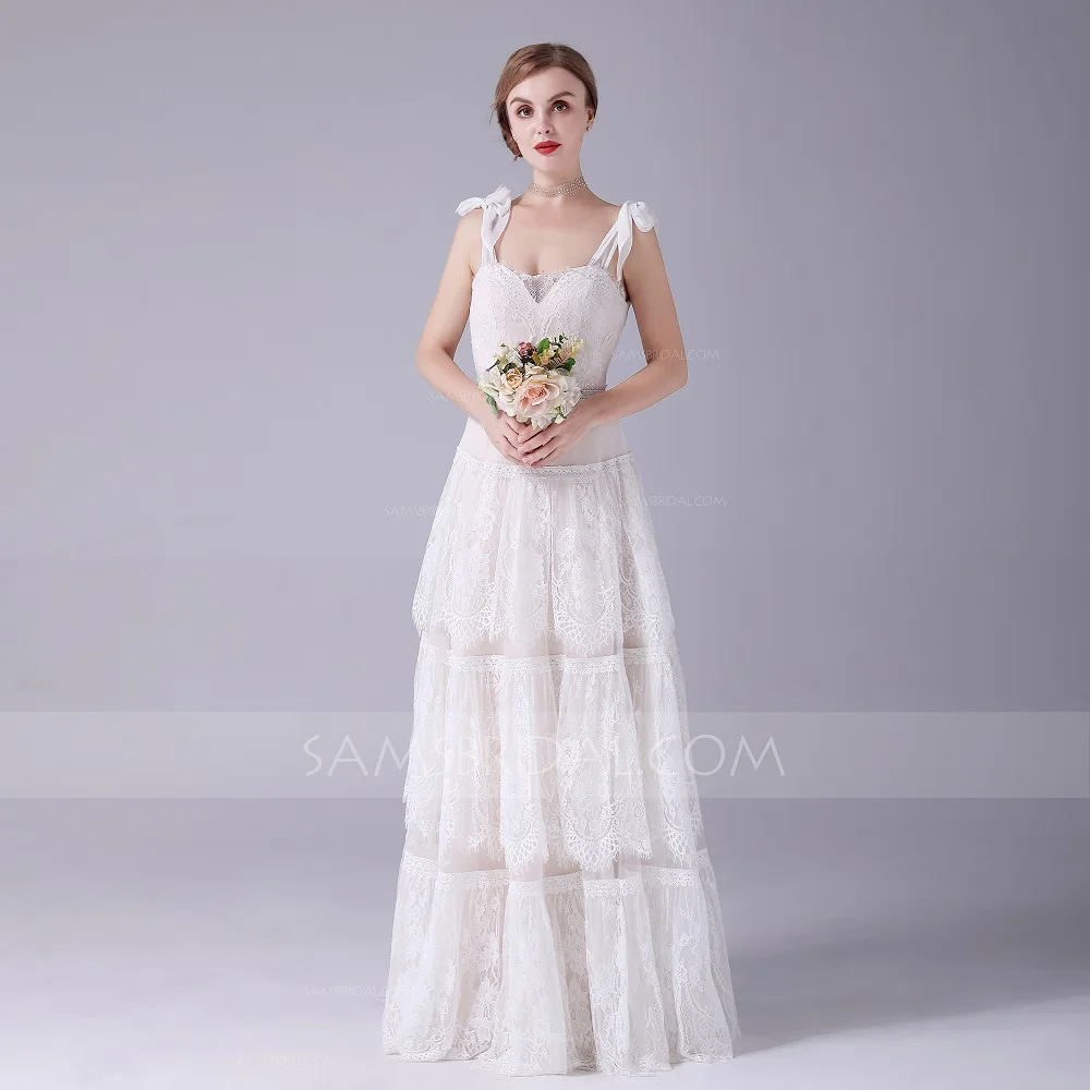 A-Line v-образным вырезом длиной до пола без рукавов кружева свадебное платье для