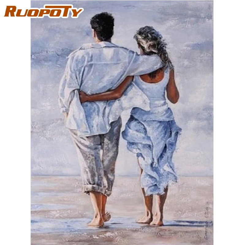 

CHENISTORY Couple Back View On Seaside Oil Painting By Numbers Acrylic Paint For Adult Coloring By Number Kits Home Decor