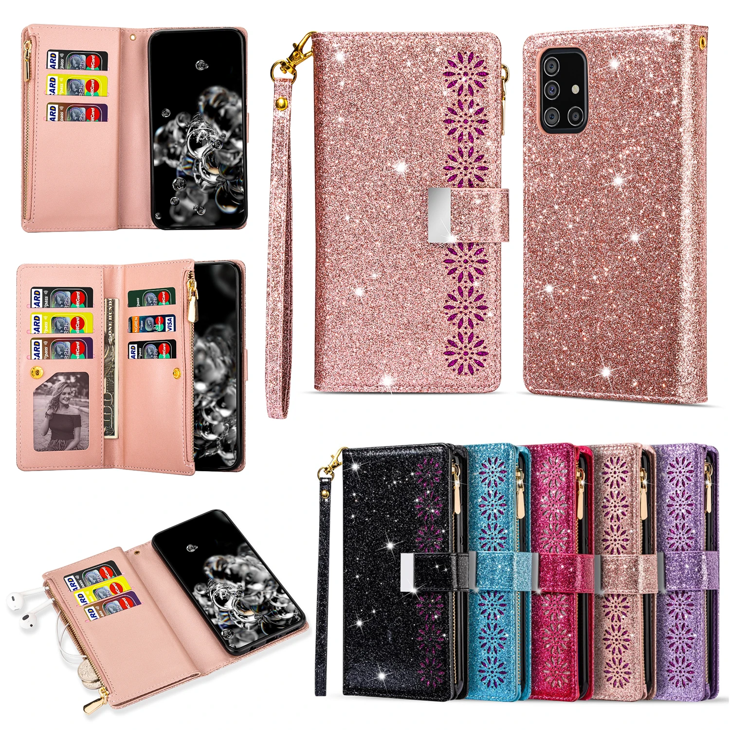 Для Samsung A91 A81 A71 A51 A41 A21 A70 A50 A30 A20 A70S A50S A30S A10E J7 блестящий чехол кошелек из