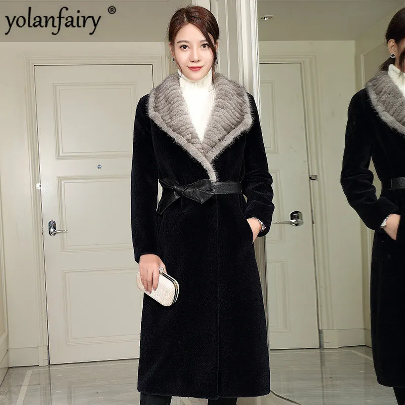 

2020 Sheep Shearing Real Fur Coat Women Wool Jacket Mink Fur Collar Autumn Winter Jacket for Women Abrigo Mujer F17RT1799 KJ2506