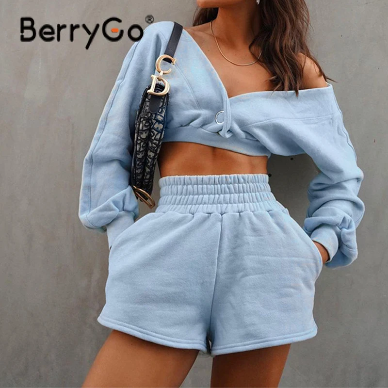 

BerryGo Causal short sets women Sexy long sleeve off shoulder hoodie and high waist short pants Fashion lady two piece sets