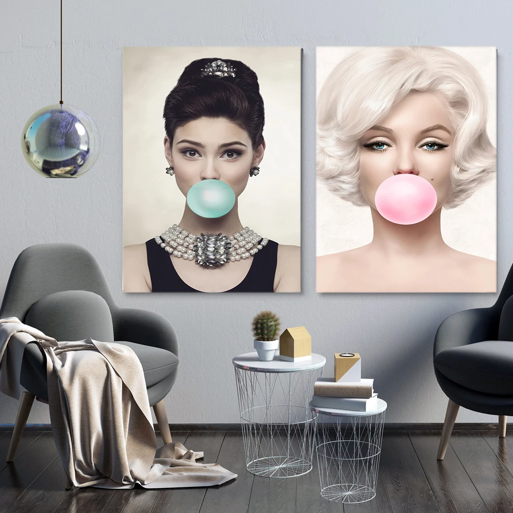 

Audrey Hepburn Blue Bubble Gum Wall Art Canvas Vintage Fashion Posters Brigitte Bardot Print Painting Pictures for Bedroom Decor