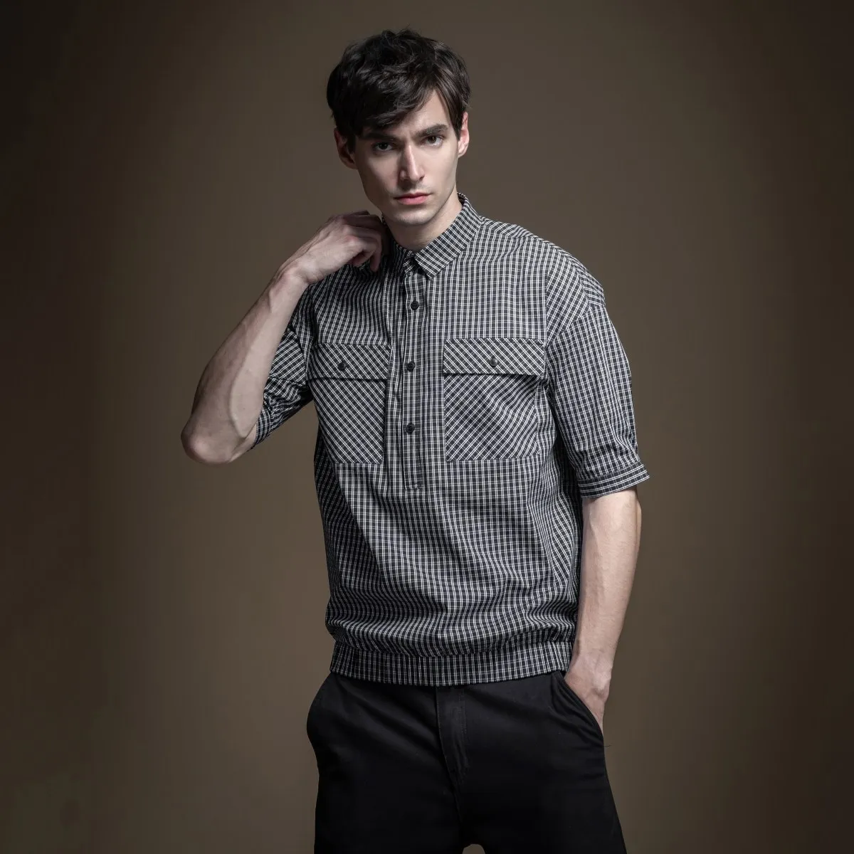 

Pinli 2020 Summer New Slim Cotton Lattice Pocket Half Sleeve Elastic Waist Casual Men Short Sleeve Shirt Cool Sale B202913499