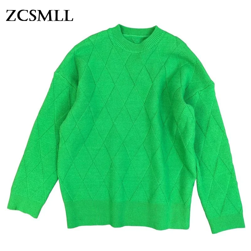 

ZCSMLL 2021 Autumn and Winter Round Neck Long-sleeved Diamond Plaid Loose National Trend Street Big Version Sweater