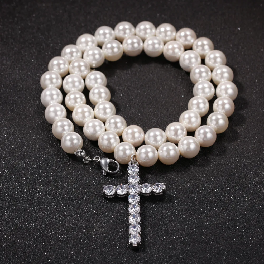 

2020 Hip Hop Europe Hot Sale new Exaggeration Cross 8-10mm Pearl Necklace Pendant Fashion Ice Out Men And Women Jewelry