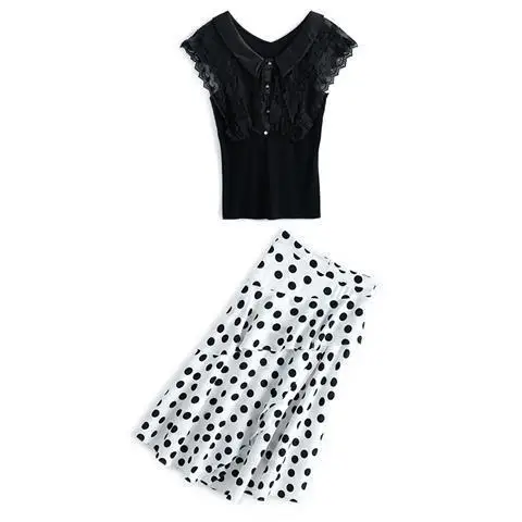 

2021 Summer New Women Outfits Casual V Neck Short Sleeve Lace Top + Polka Dot Skirt Two Piece Sets Ladies Elegant suit Q172