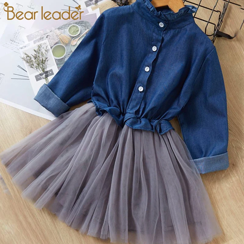 Bear Leader Girls Dress 2020 New Spring Casual Style Denim Dresses Long Sleeve Rabbit Patch Design For Children Clothing | Детская