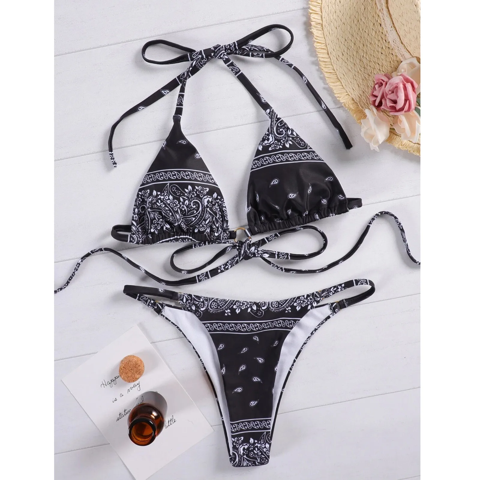 

Bikini Set Women Swimwear Paisley Printed Ring Linked Thong Swimwear Bikini Set Two Piece Swimsuit Swimwear Bathing Suit D4