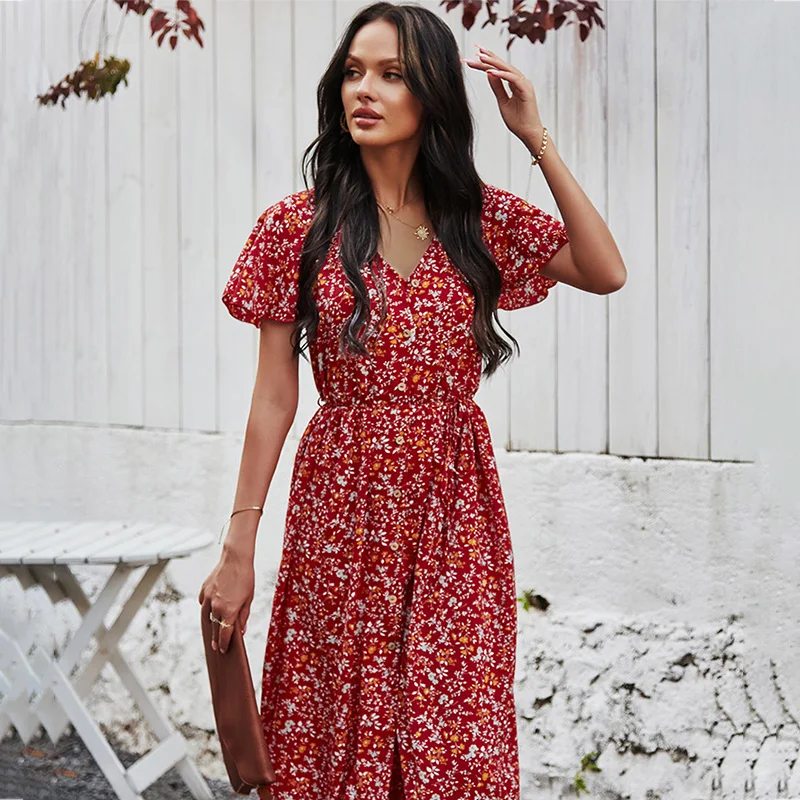 

2021 Spring Summer New Vintage V Neck Short Sleeve Print Dress For Women Casual Fashion High Waist A Line Mid-Calf Dress