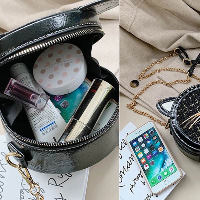 

Cartoon Women Chain Cat Round Bag Woolen Cloth Chain With PU Strap Cat Round Bags For Women