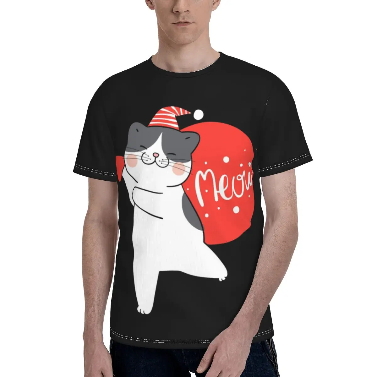 

Meowy Christmas T Shirt Cat Animal Lover Man Funny Polyester Print Tee Shirt Short Sleeves Summer Tshirt Plus size