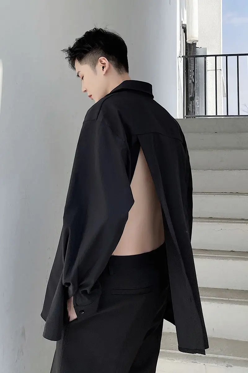 

IEFB Men's Wear Back Button Split Oversize Black White Shirts 2021 Spring New Loose Causal Japan Style Streetwear Fashion Tops