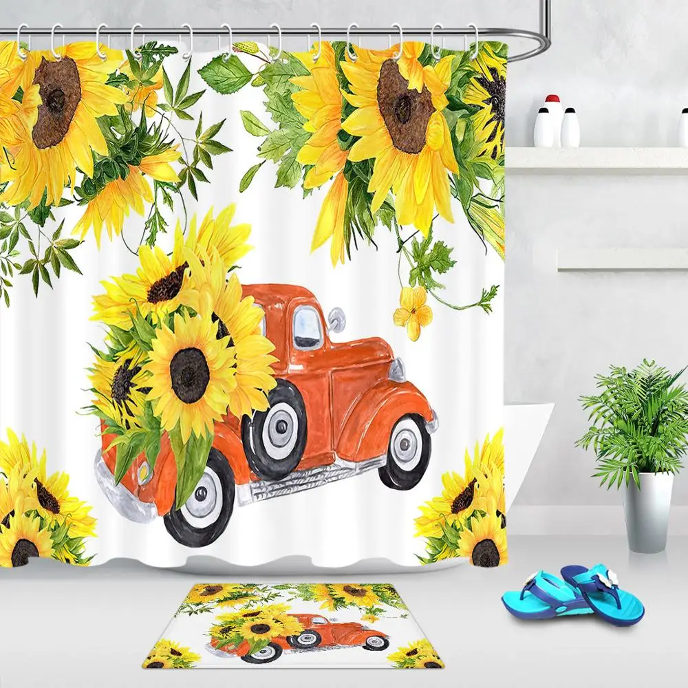 Занавеска для душа с акварелью красный Подсолнух грузовиков нескользящий коврик