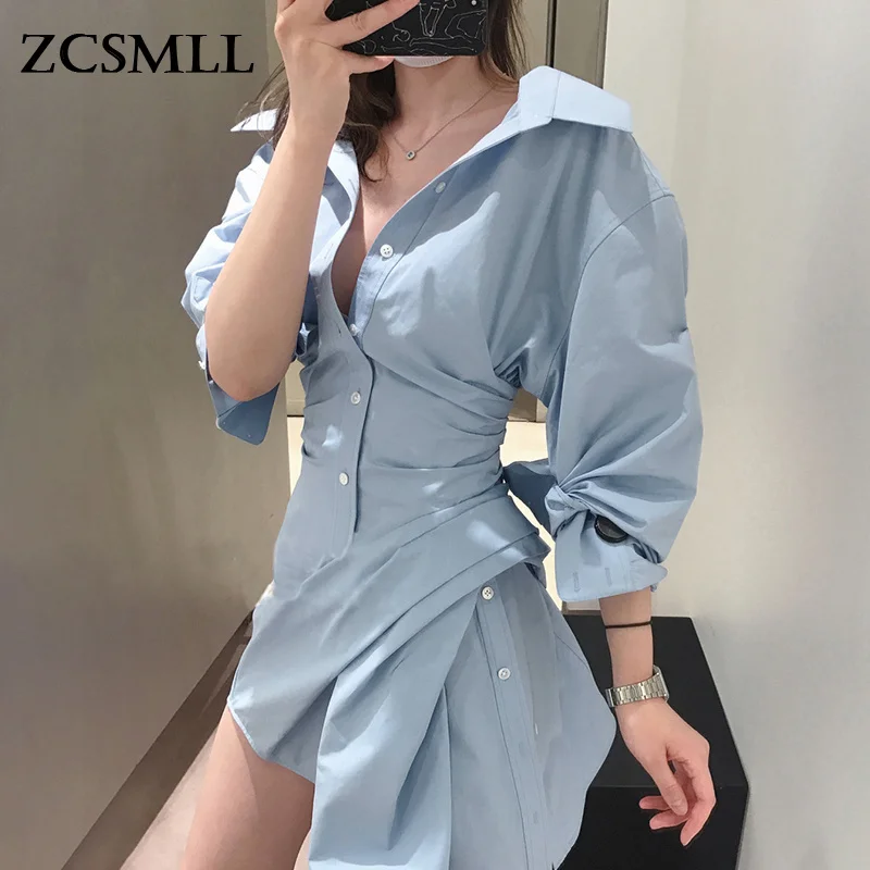 

ZCSMLL Blue Ruched Drawstring Women's Shirt Dress Lapel Long Sleeve Casual Loose Mini Dresses Female Fashion New Clothing