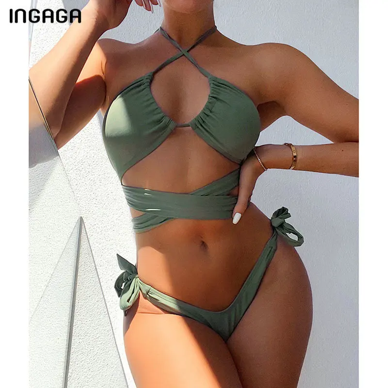 

INGAGA Halter Bikini Bandeau Woman Swimsuits Solid Swimwear Women 2022 Criss Cross Biquini Tie Waist Beachwear Bathing Suits