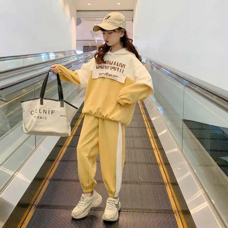 

Spring And Autumn Cotton Blended Girls Sets 2021 Korean Fashion Splicing Hooded Sports Two-Piece Suit Casual Children's Clothing