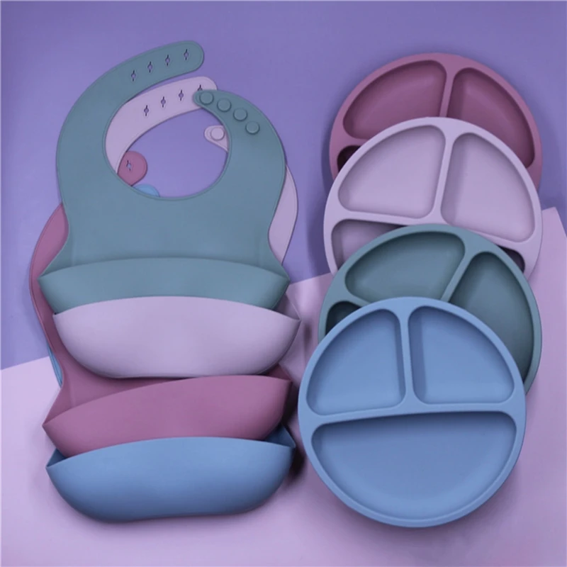 

4pcs BPA Free Baby Silicone Tableware Waterproof Bib Solid Color Dinner Plate Sucker Bowl Spoon For Children