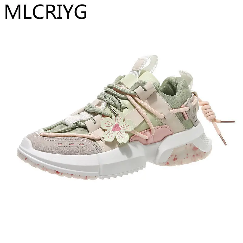 

2021 Fashion Women's Shoes Spring Color Matching Flowers Platform Shoes New Women's Sneakers Comfortable Lace-up Casual Shoes