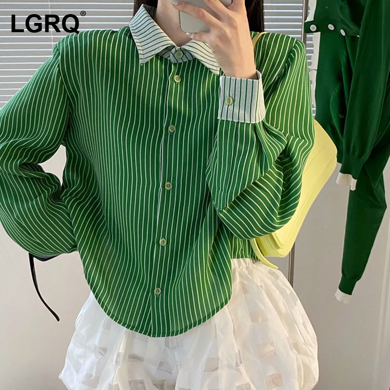 

[LGRQ] Women Blue Vintage Striped Casual Blouse New Lapel Long Sleeve Loose Fit Shirt Fashion Tide Spring Autumn 2021 19D1379
