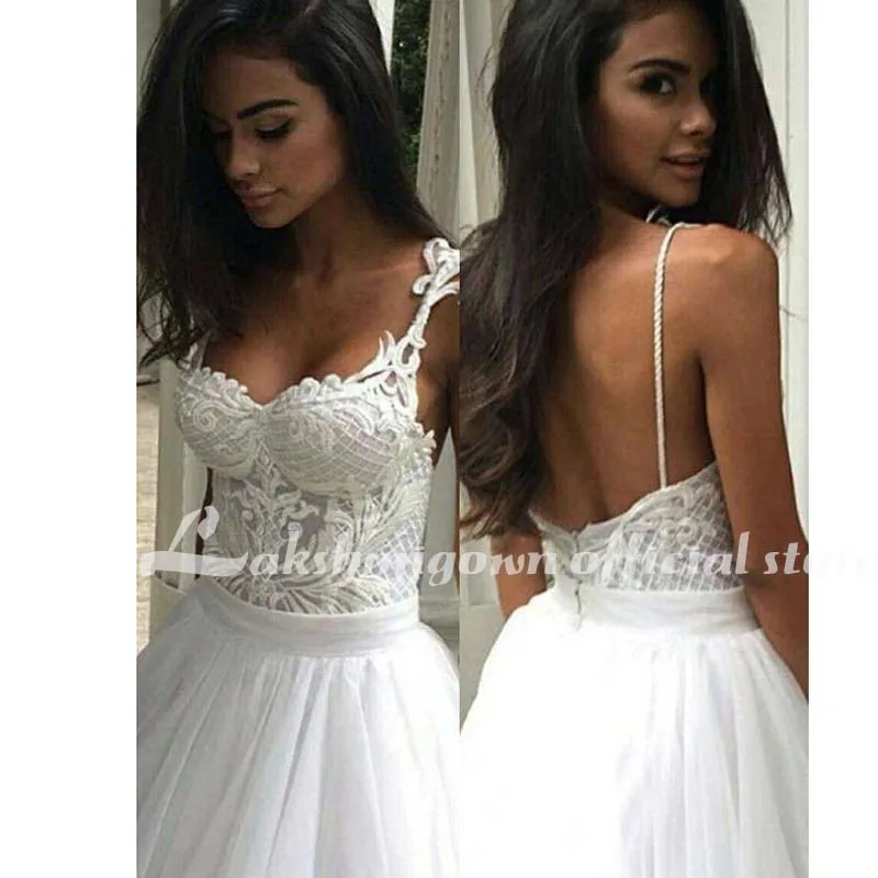 

Lakshmigown Elegant Sweep Train Backless Wedding Dress Lace Top Spaghetti Straps Bridal Dresses