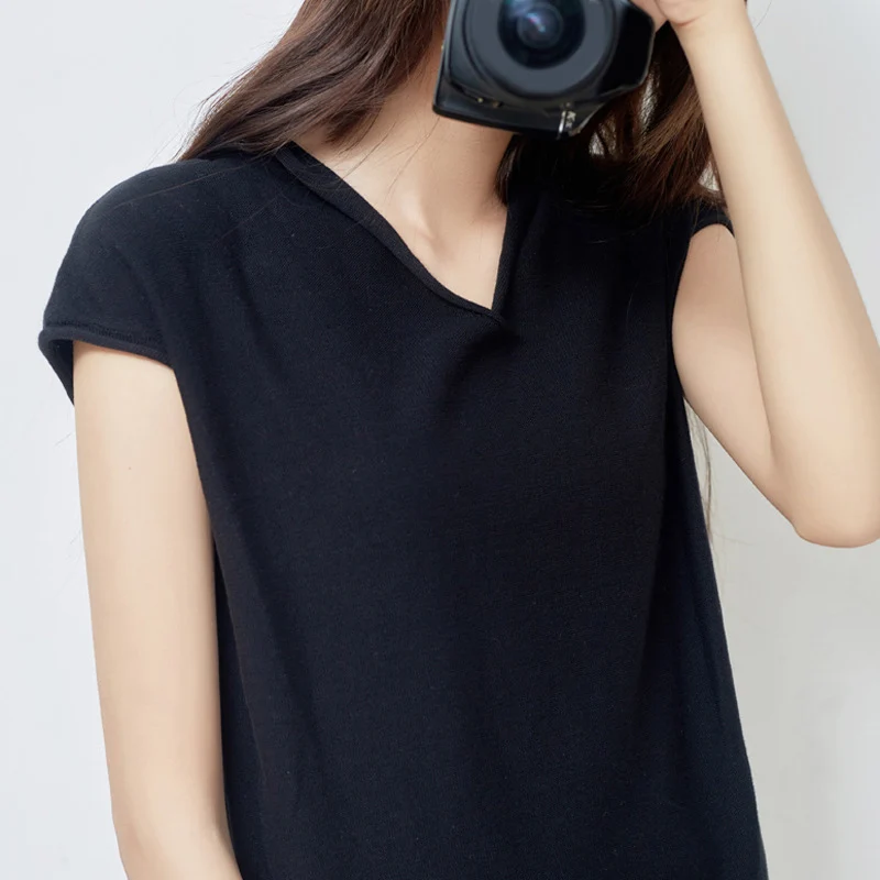 Футболка женская однотонная с V-образным вырезом Повседневная Свободная рубашка