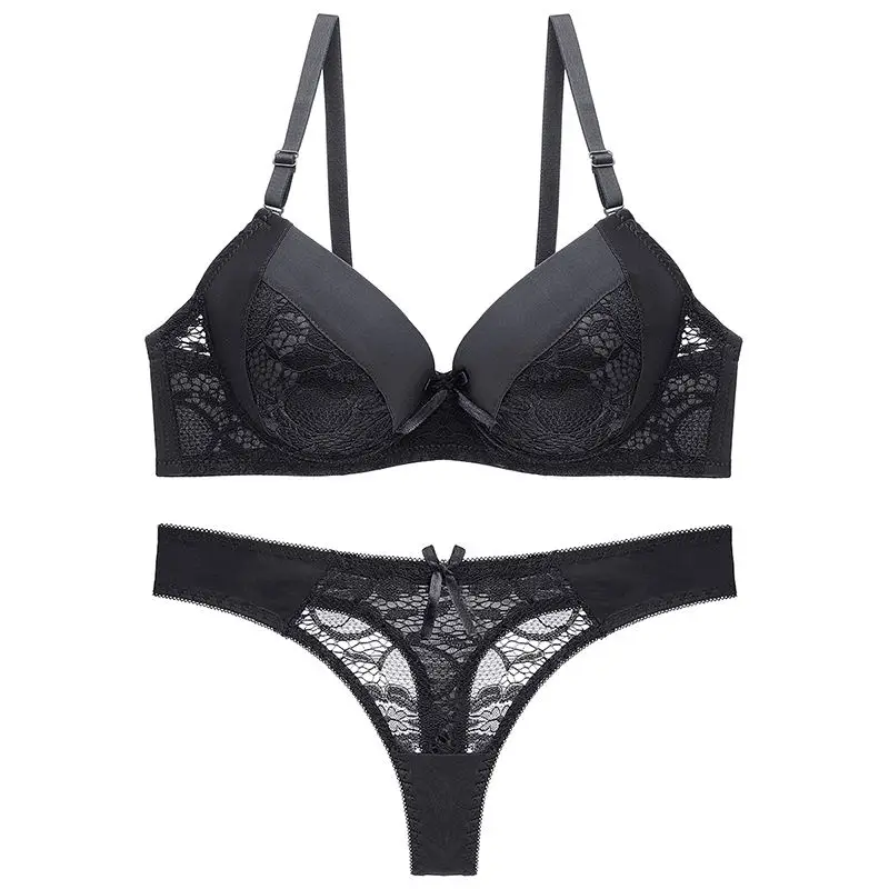Черный Julexy New Hollow out sexy tongs Women Bra Set B C Cup Intimates Lace G string Underwear Set Solid Sexy Bra And Panty Sets - Цвет: Черный