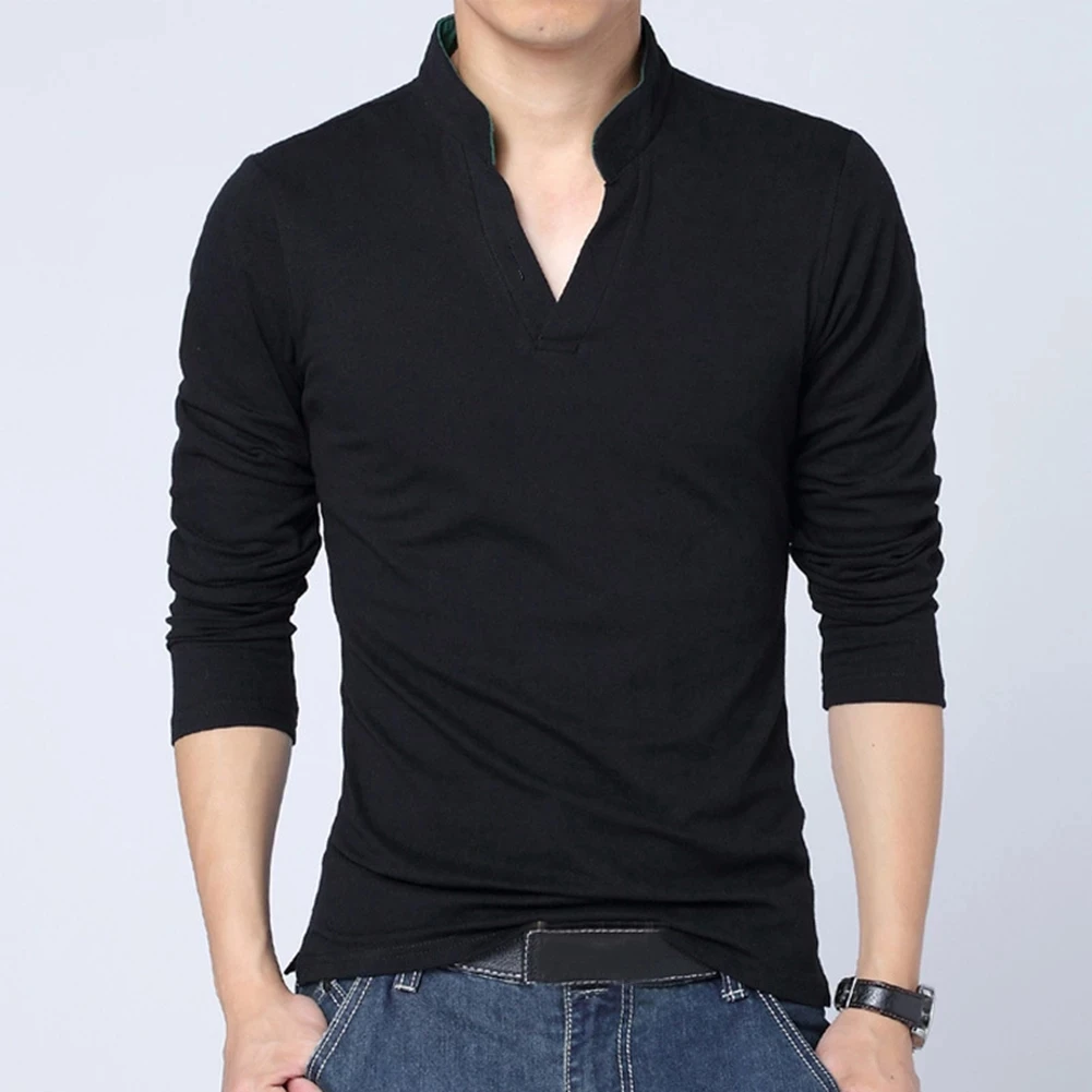 

2021 new autumn men's T-shirt solid color stand-up collar V-neck long sleeves