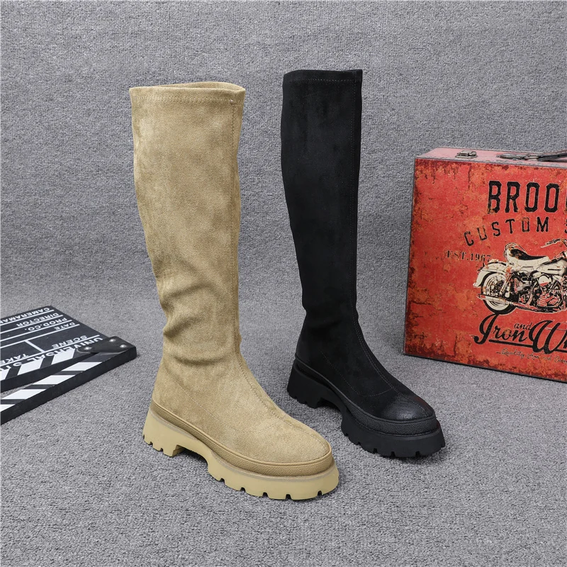 

women's boots 2020 Autumn Winter new boots platform thin sleeve stretch boots women's round toe vintage high boots