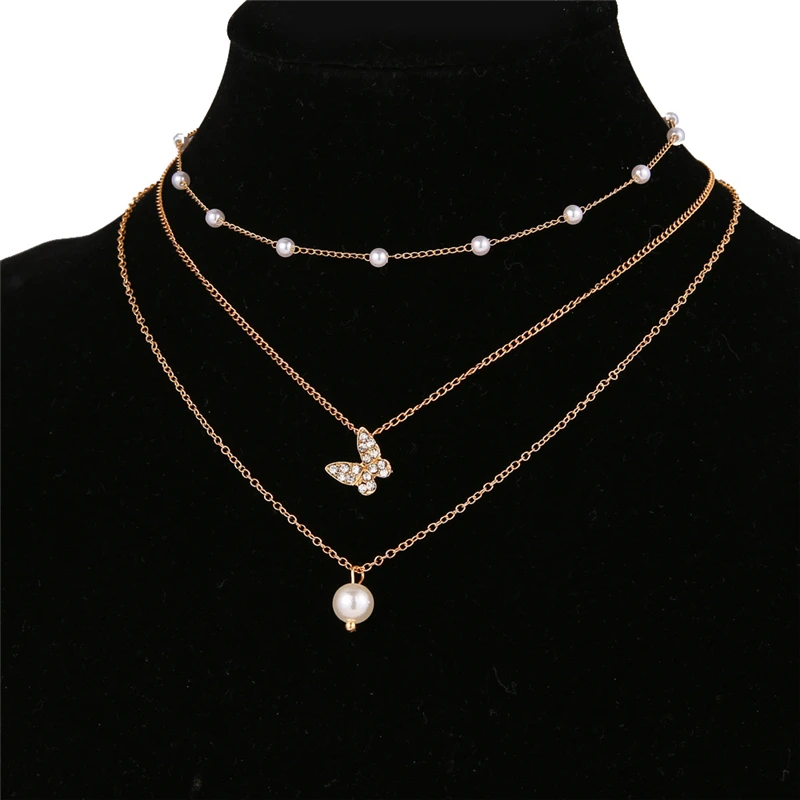 

Dainty Gold 3 Tier Butterfly Layered Choker Necklaces Zircon Pendant Multilayer Layer Pearl Short Collares Jewelry for Women Gir