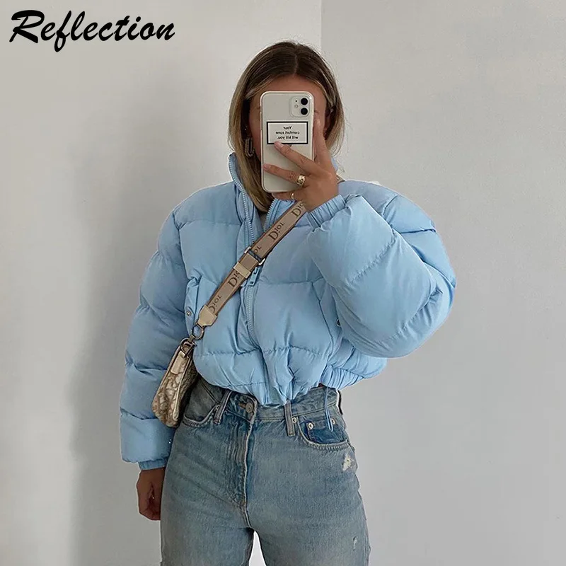 

Women Short Puffer Jacket Cotton-Padded Thick Drawstring Parkas Zip Winter Bubble Stand Up Collar Coat Warm Hot Street Outfits