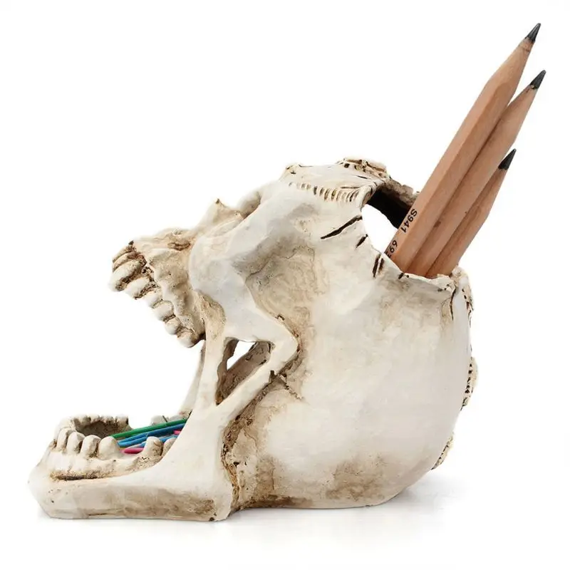 

Skull Head Ornament Skeleton Pen Holder Desktop Pencil Organizer Makeup Storage