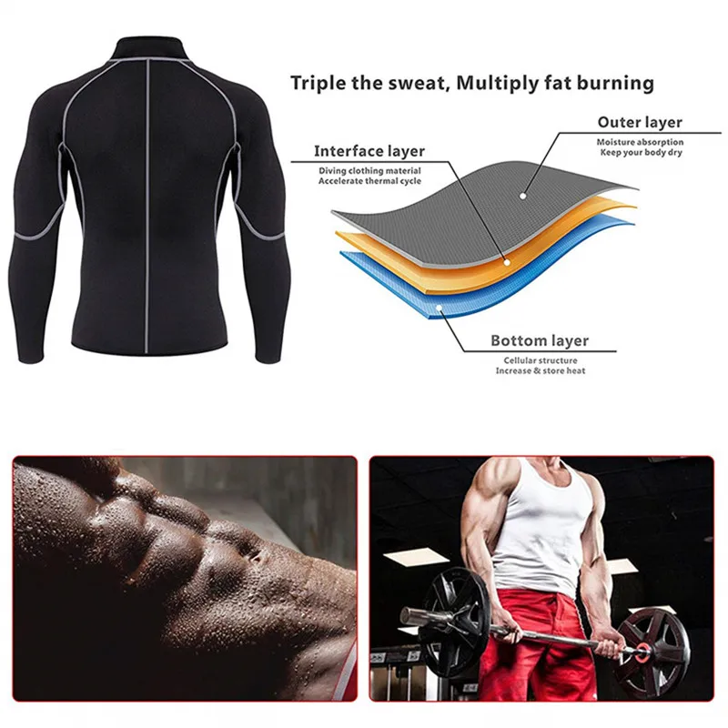 New Men Shapers Sauna Suit Neoprene Sweat Jacket Workout WeightLoss Long Sleeve Waist Trainer Body Shaper with Zipper Undershirt