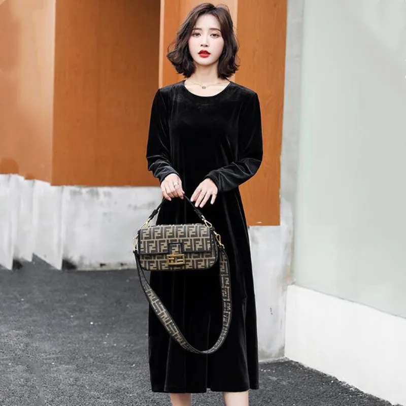 Модное весеннее женское бархатное платье с длинным рукавом Осеннее вечернее