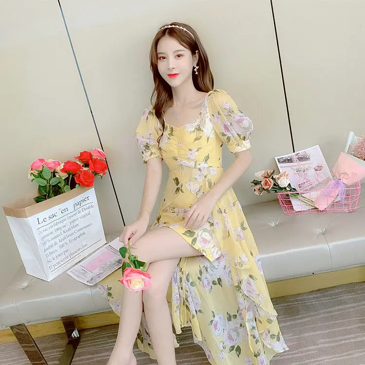 

Summer Chiffon Dress 2021 Women's New High Waist Skirt Printed Long Skirt Short Sleeve Irregular Skirt