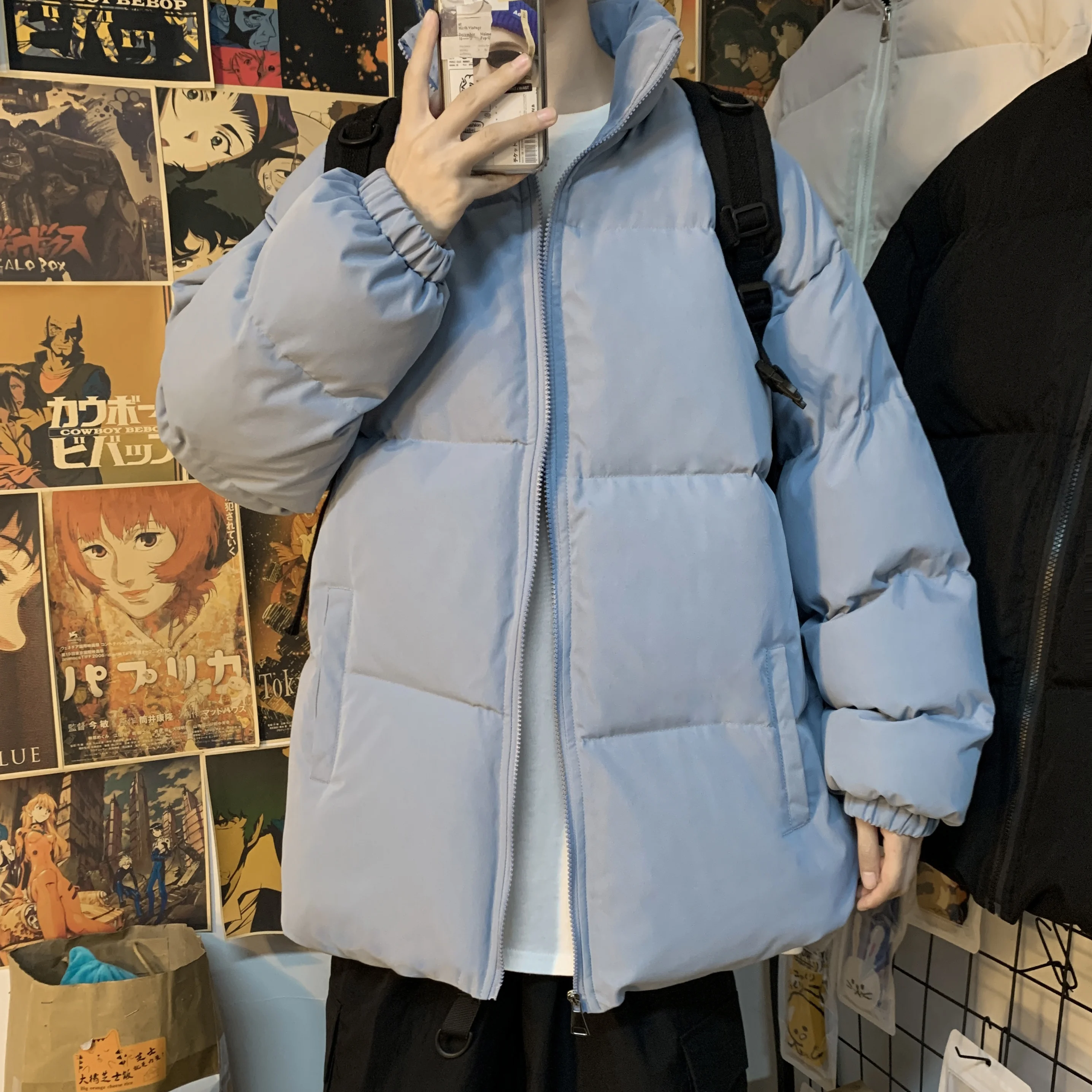 2021 men's solid color warm Hong Kong style cotton padded jacket men's new bread suit stand collar Korean ins trend cotton padde