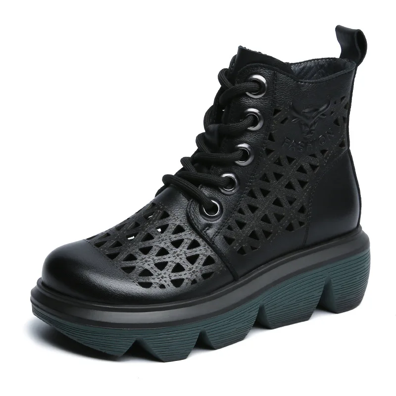 

Leather hollow out Martin boots women's new 2021 spring thick soled slope heel waterproof platform cool boots with top layer of