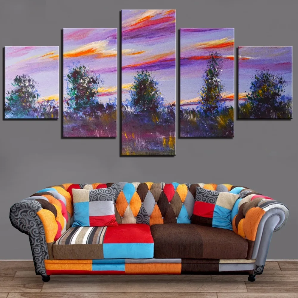 

5 Pieces Purple Background Canvas Painting Trees Pine Wallpapers Pretty Sky Sunset Pictures Landscape Posters Home Room Decor