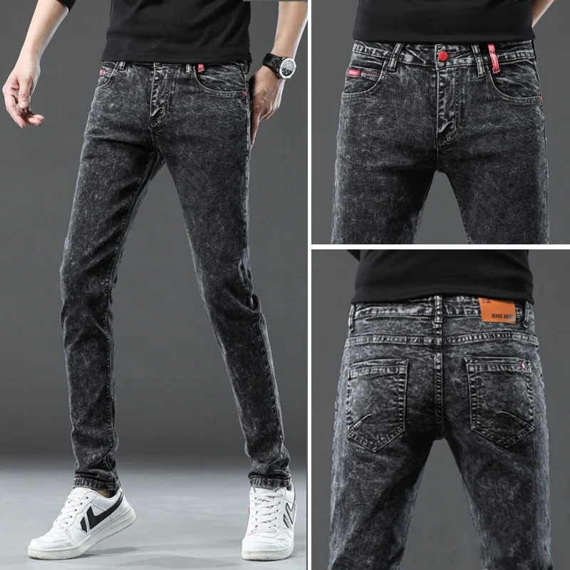 

Джинсы мужские в стиле ретро, модные облегающие простые брюки-карандаш из денима, потертые снежинки, уличная одежда, серые