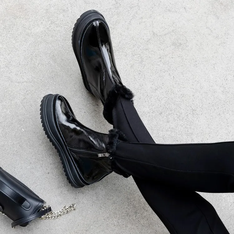 Женские зимние ботильоны из натуральной кожи на плоской платформе теплые