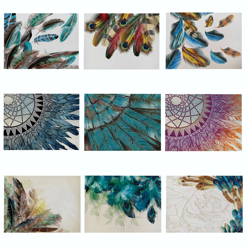 

Colorful Feather Pattern Placemat Coaster Cotton Linen Kitchen Pads Dining Table Mats Western Mat Home Decor