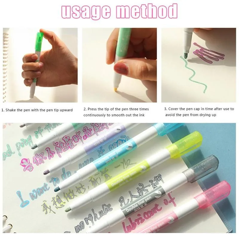 

8 Colors/box Outline Pen Double Line Highlighter Pen Stationery Writing Gift Pen Card Office School Drawing W7E5