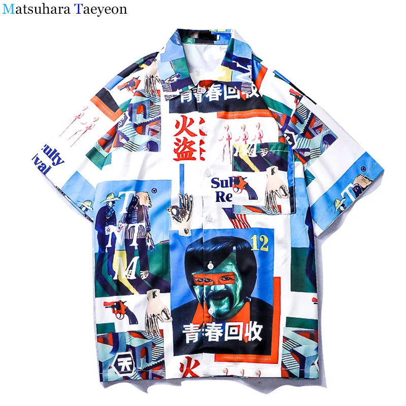 

Cartoon Chain Bone Print shirt Color Block Patchwork Hawaiian Shirts Hip Hop Casual Short Sleeve Button Down Tops Streetwear
